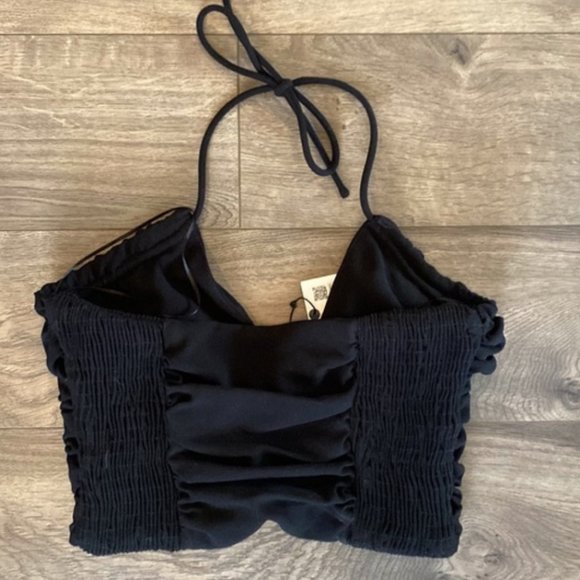 ZARA Black Crepe Double Lined Stretch Smocked Sides Draped Halter Crop Top - Picture 6 of 6